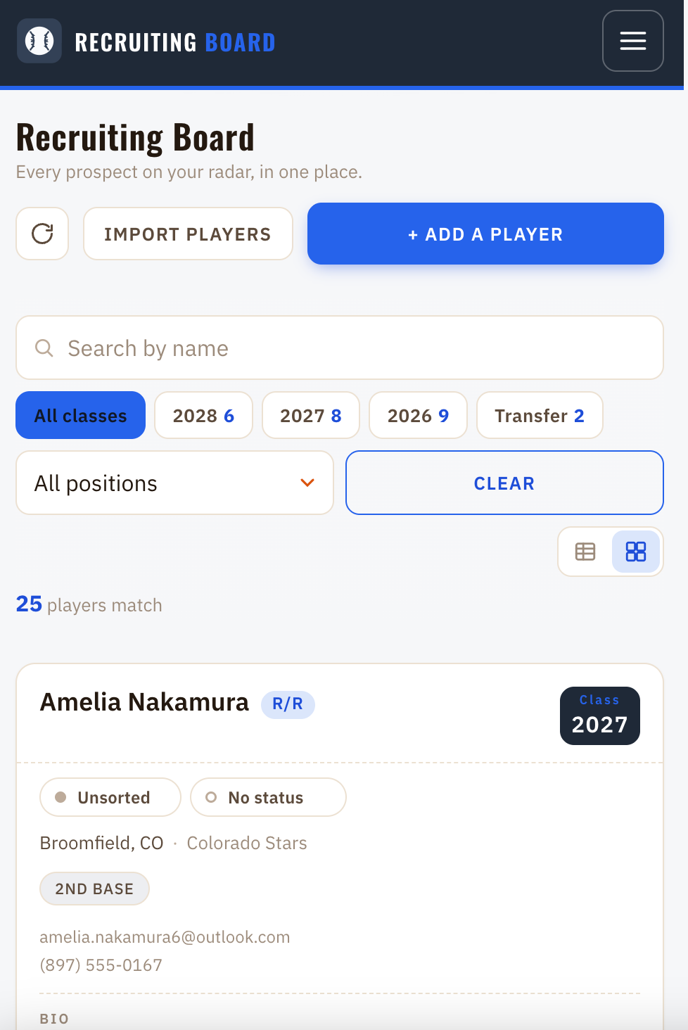 The same recruiting board on a phone — stacked filters, class chips, and prospects as full-width cards. (Sample data.)